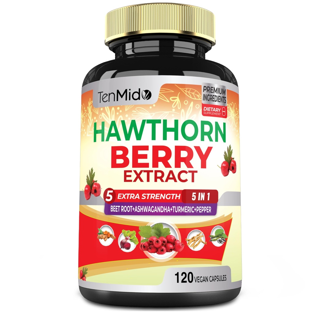 Hawthorn Berry Papildinājums Extract Capsules - 120 Vegan Kapsulas 4 mēnešiem - kombinēta biešu sakne, ašvaganda, kurkumaīns un melnie pipari