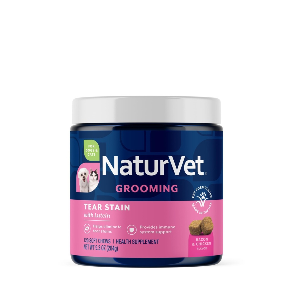 NaturVet Lutein Tear Stain papildinājumi suņiem un kaķiem – Novērš Tear Stains suņiem, Kaķu šķirnes – Ietver Oregonas vīnogu saknes, Marshmallow Sakne, Dzērveņu ekstrakts – 120 Ct.