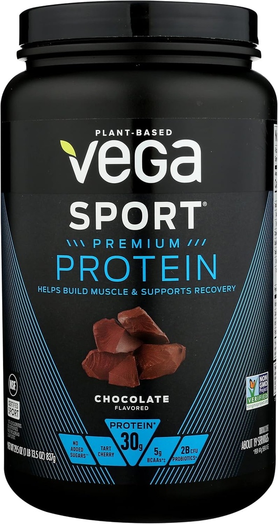 Vega Sport Premium Olbaltumvielu pulveris, Šokolāde, Vegan, 30g Augu izcelsmes olbaltumvielas, 5g BCAAs, zems ogļhidrātu saturs, bez cukura, keto, bez piena, bez glutēna un ne-GMO, pea proteīns sievietēm un vīriešiem, 29.5 Oz