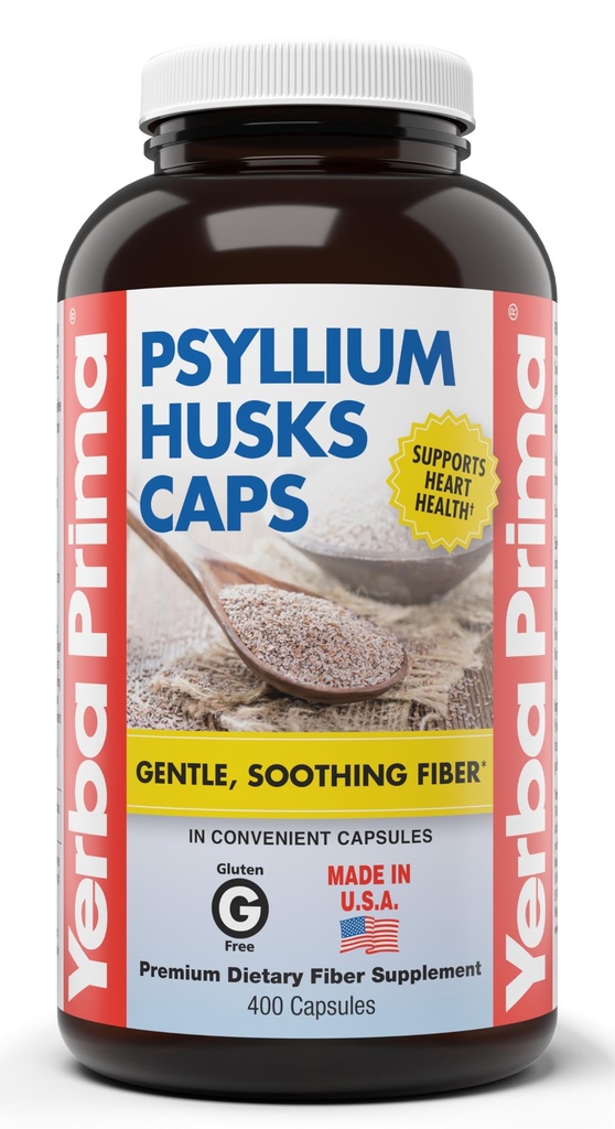 Yerba Prima Psyllium Husks Caps, 625 mg, 400 kapsulas - Dabīgs Fiber vīriešiem un sievietēm - Regulārības atbalsta papildinājums