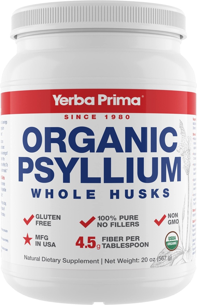 Yerba Prima Organic Psyllium Vesels Husks Colon Cleanser - 20 oz - Natural Daily Diētiskā Fiber papildinājums 20oz, Colon Cleanser, Regularity & Detox tīrīšanas atbalsts, bez lipekļa, ne ĢMO, vegana
