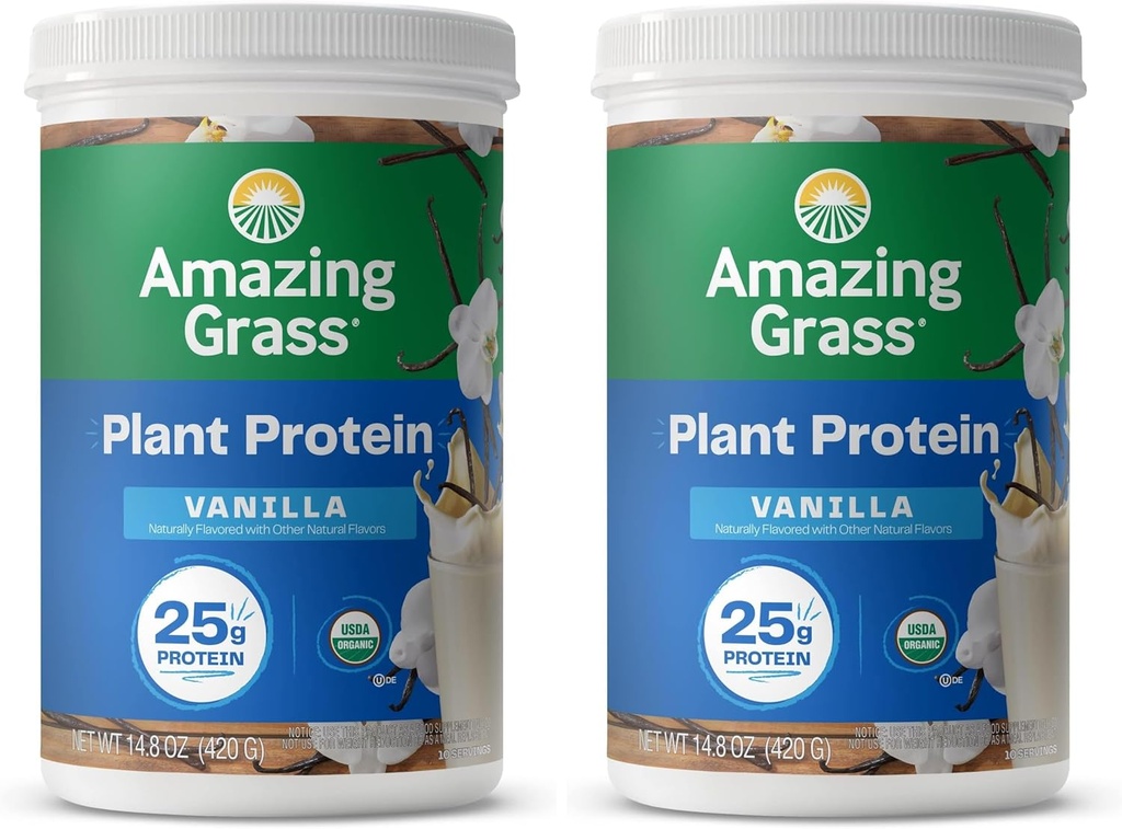 Amazing Grass Vegan Protein pulveris, augu bāzes organisko Blend ar 25g olbaltumvielu, piena, lipekļa un sojas bez krēmveida Vanilla (10 Kalpojumi) (iepakojums no 2)