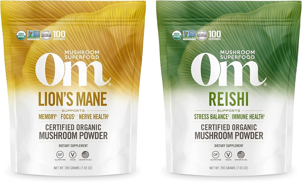 OM MUSHROOM SUPERFOOD 7.05oz Bundle, Lion's Mane & Reishi Organic Sēņu pulveris, 200 Kalpo