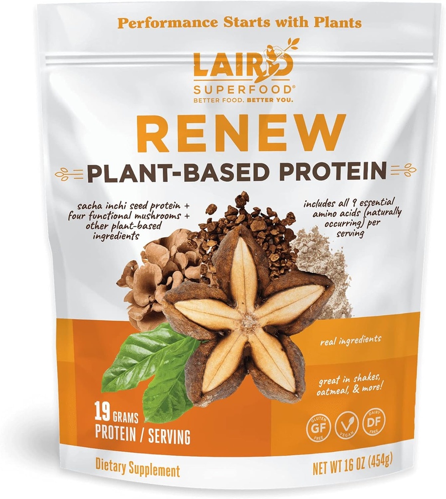 Laird Superfood Renow Plant-Based Protein Powder, 19 Grams Protein, Vegāns ar Sasha Inchi Seed Protein, Četras Funkcionālās Sēnes, Konservants Brīvs, Gluten-Bez piena, 16 oz. Maiss