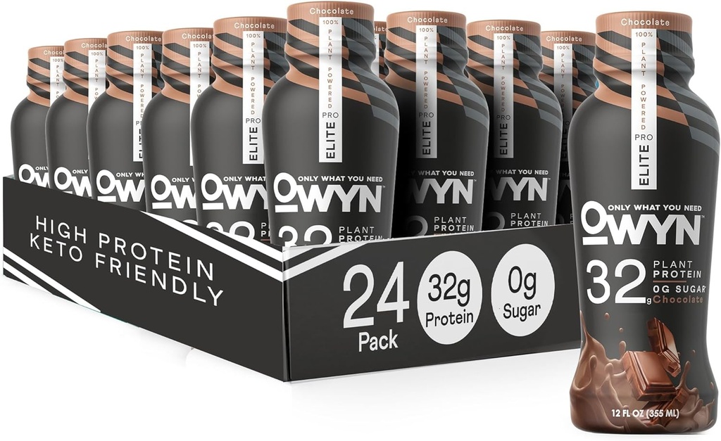 OWYN tikai to, kas jums nepieciešams Pro Elite Vegan High Protein Keto Shake, 32g Protein, 9 Aminoskābes, Omega-3, Prebiotikas, Gatavība un atgūšana, 0g Neto Carbs, Nulle Cukurs (šokolāde, 12 Fl Oz (iepakojums no 24)