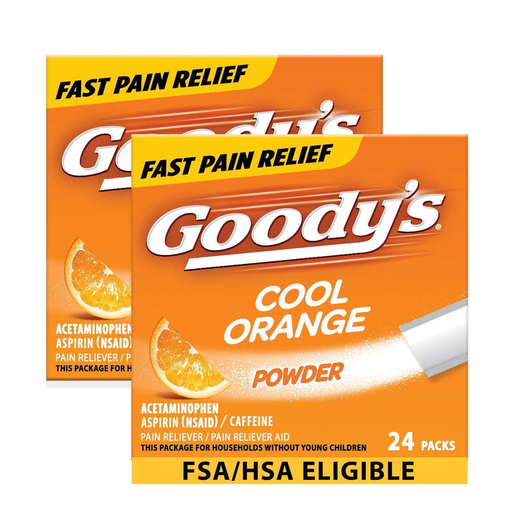 Goody's Extra Strength Galvassāpes Pulveris, Cool Orange Flavor Izšķīdiniet iepakojumus, 24 individuālie iepakojumi (2 iepakojumi)