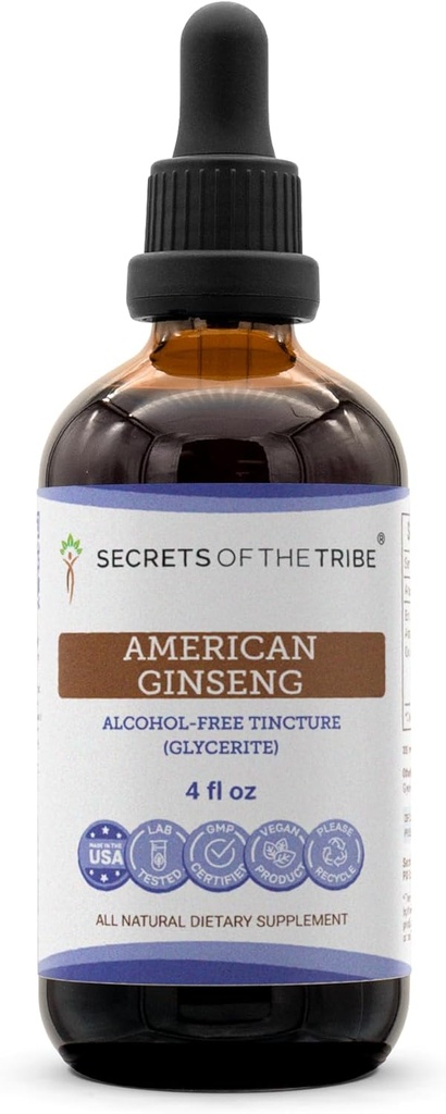 Noslēpumi tribe amerikāņu žeņšeņa Tincture Alkohola bez šķidruma ekstrakts, Farm Grown American Ginseng (Panax Quinquefolius) Kaltēta saknes (4 FL OZ)