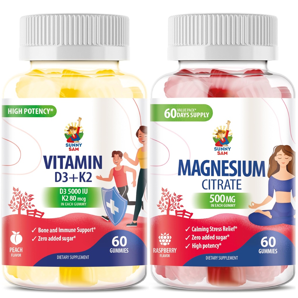 Vitamīns D3 K2 Gummies 5000 SV - imūnā un kaulu supora un magnija gumijas bērniem un pieaugušajiem - 500 mg