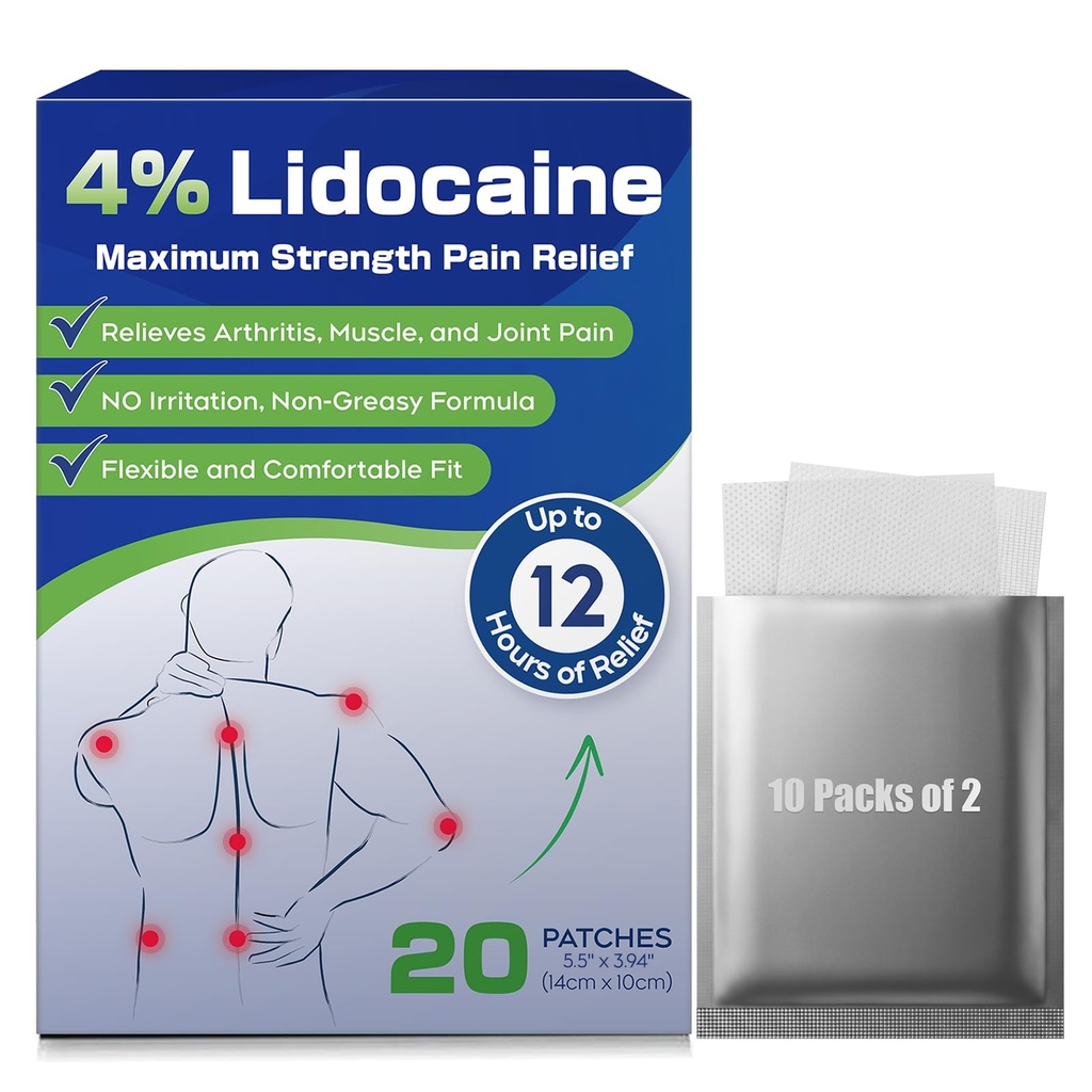 Uposiut 4% Lidokaīns Patches, 20 Count Patches Maksimālais spēks Lidokaīns Patches (20 Patches), muskuļu sāpes atvieglošana kaklā, pleci, Back, Kneis, un Anks, 12 stundu sāpju atvieglojums-012345