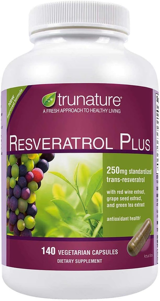 TruNature Resveratrol Plus, 250 Milligram Standartizētās Trans-Resveratrol 140 Veģetārās kapsulas