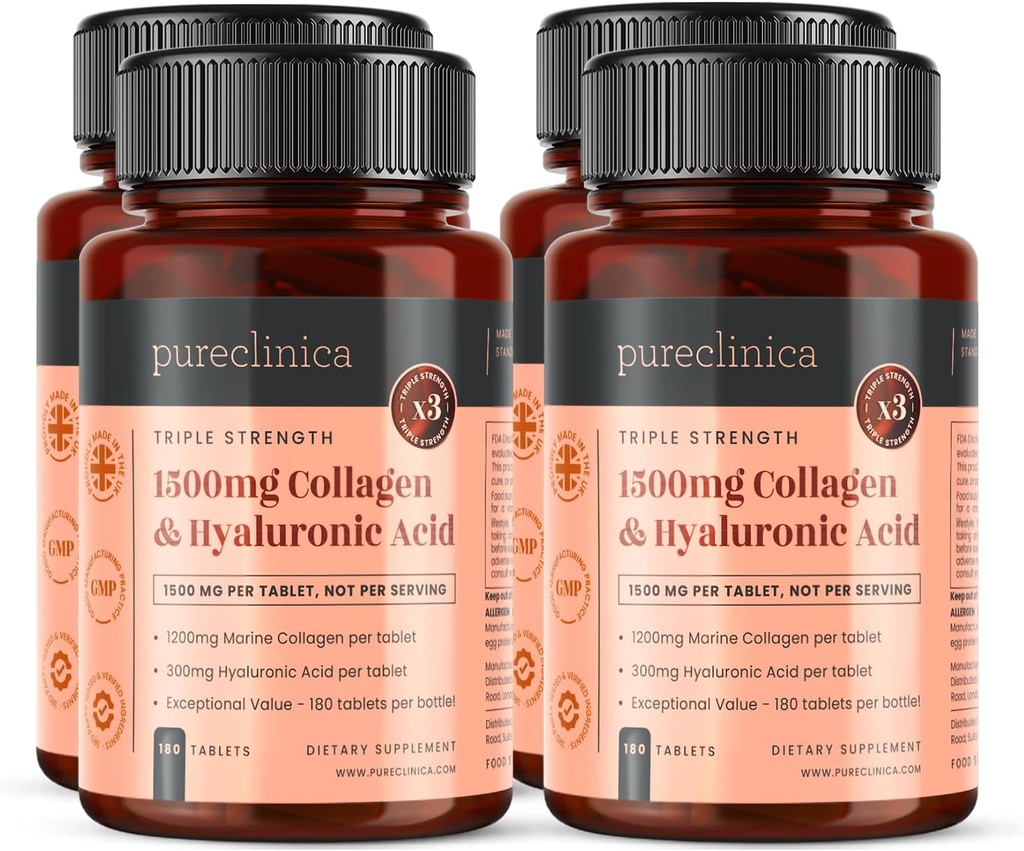 tīra linica Triple Strength Marine Collagen & Hyaluronic Acid – 1500 mg katrā tabletē;   ) 720 tabletes (4 pudeles pa 180);   )  ) Atbalsts ādai, locītavām un hidratācijai