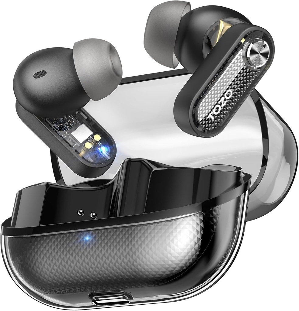 TOZO Crystal Pods Hybrid Active Troksnis Atcelt Bezvadu Erbuds, 10mm Drivers Deep Bass Stereo Sound, 4 Mics Smart ENC AI Calls, 32 EQ via App, Bluetooth 5.4 Austiņas, kristāla korpusa konstrukcija