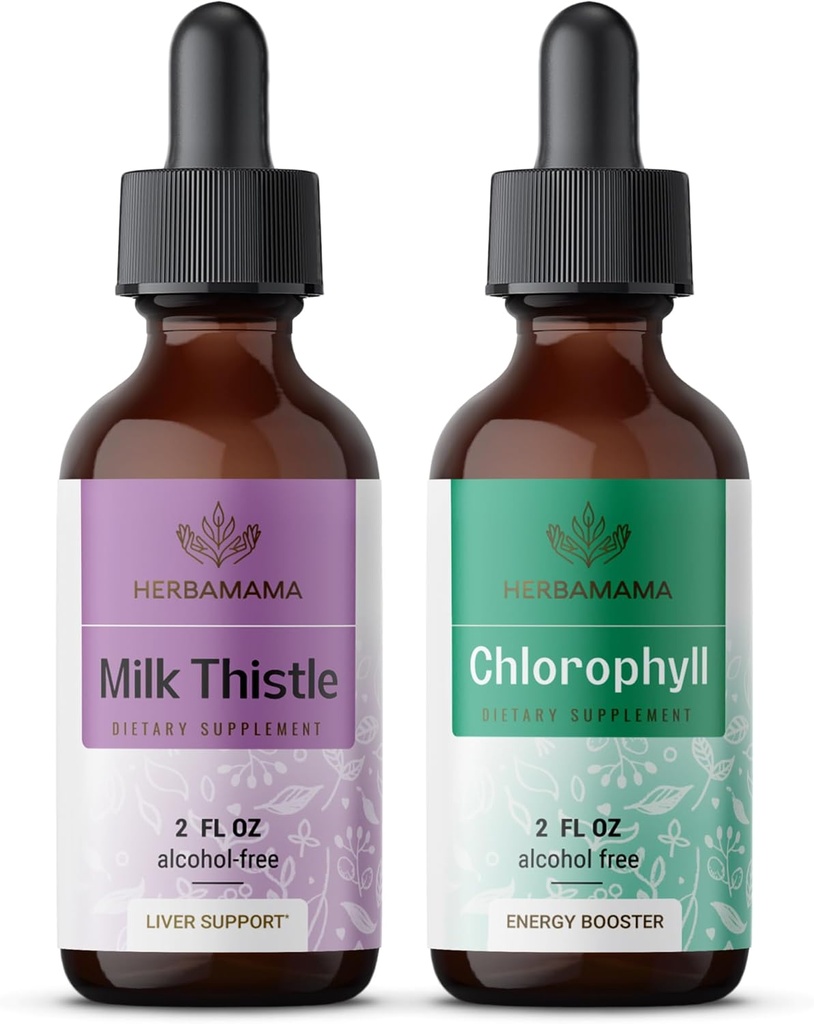HERBAMAMA Augu šķidrumu pilienu komplekts - Piena paciņa Šistils Ekstrakts 2 fl oz un Šķidrais hlorofils 2 fl oz - Vegan Papildinājums Šķidrais ekstrakts - ne ĢMO, bez cukura un alkohola - 2 iepakojumi