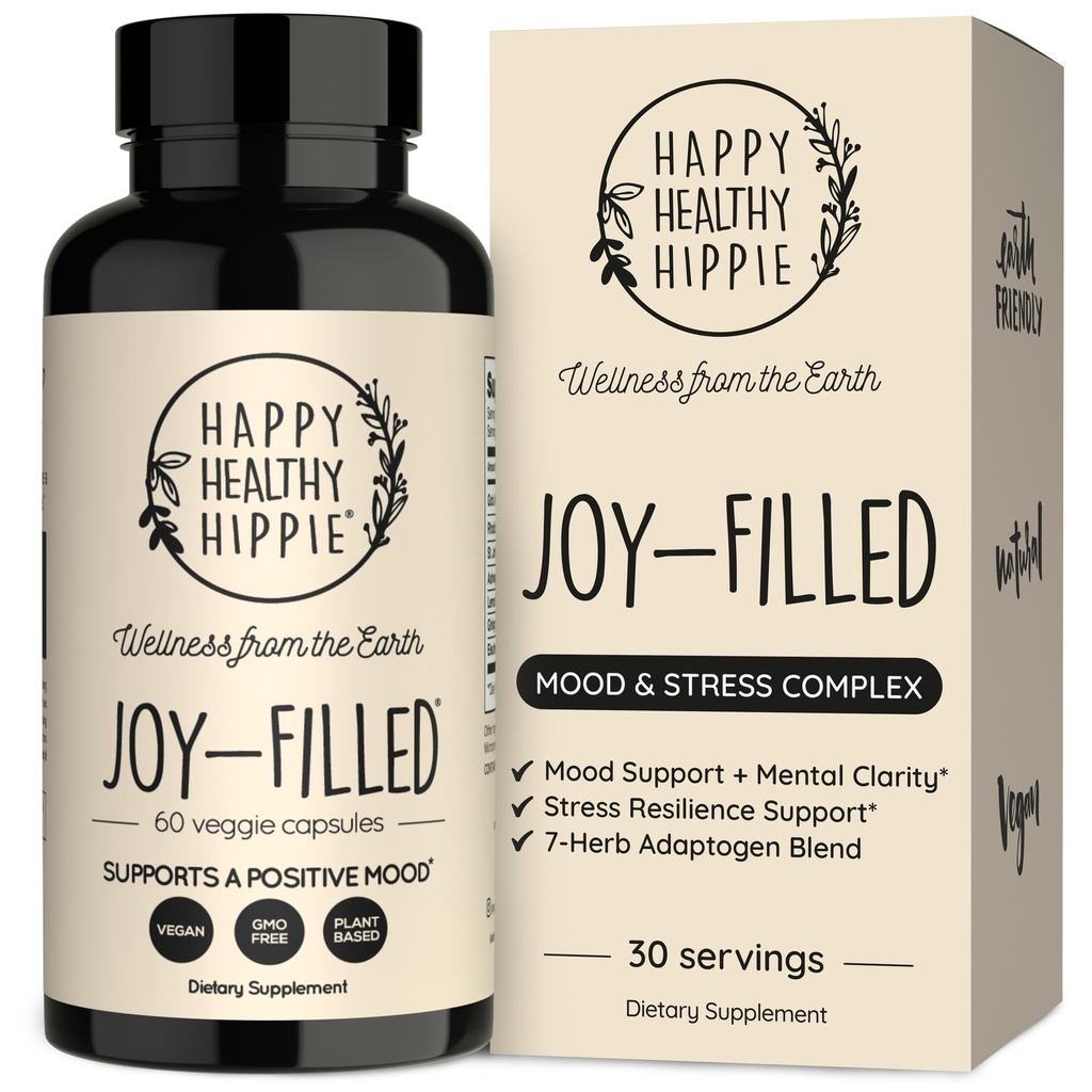 Joy-Filled Mood Support Papildinājums - 7 Herb Complex w/St. Johns Wort – Stress Relief – palīdz nomierināt prāts un ķermenis      ) 100 % augu bāzes Happy Pills, Ashwagandha, Rhodiola Rosea  ) Adaptogens, 60 Ct