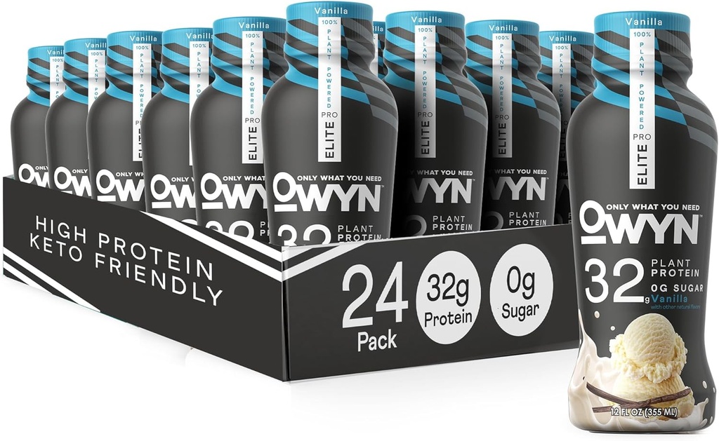 OWYN tikai to, kas jums nepieciešams Pro Elite Vegan High Protein Keto Shake, 32g Protein, 9 Aminoskābes, Omega-3, Prebiotikas, Trenažieru un reģenerācija, 0g Neto Carbs, Nulle Cukurs (Vanilla, 12 Fl Oz (iepakojums no 24)