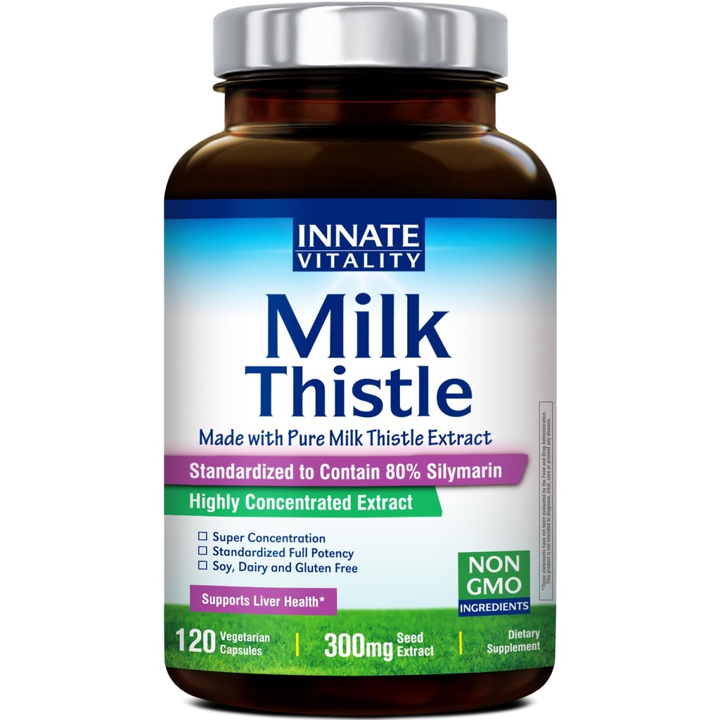Iedzimts Vitality Organic Milk Thistle Papildinājums, 300mg Ekstrakts, 80% Silymarin Flavonoids, Aknu veselība, Detox & Cleansing, Ražots ASV, Non-GMO, 120 Veggie kapsulas