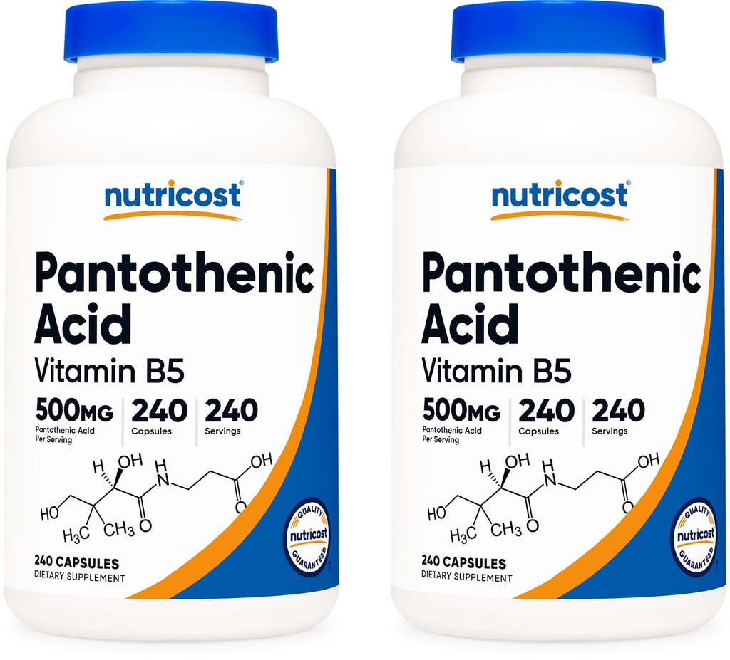 Barības vielu izmaksas Pantothenic Acid (B5 vitamīns) 500mg, 240 Kapsulas (2 pudeles)