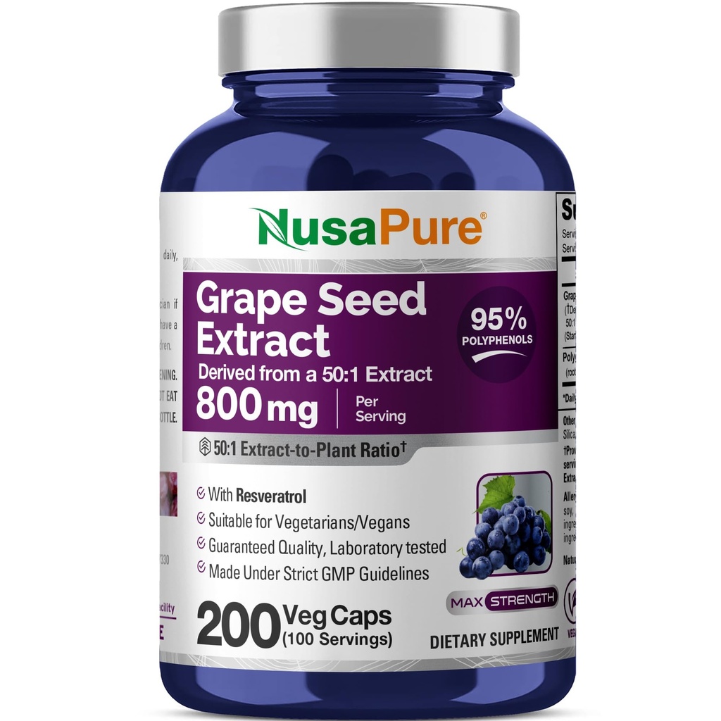NusaPure vīnogu sēklu ekstrakts 40 000 mg uz vāciņu, 200 Vegan kapsulas, standartizētas, bez GMO, bez lipekļa, resveratrols