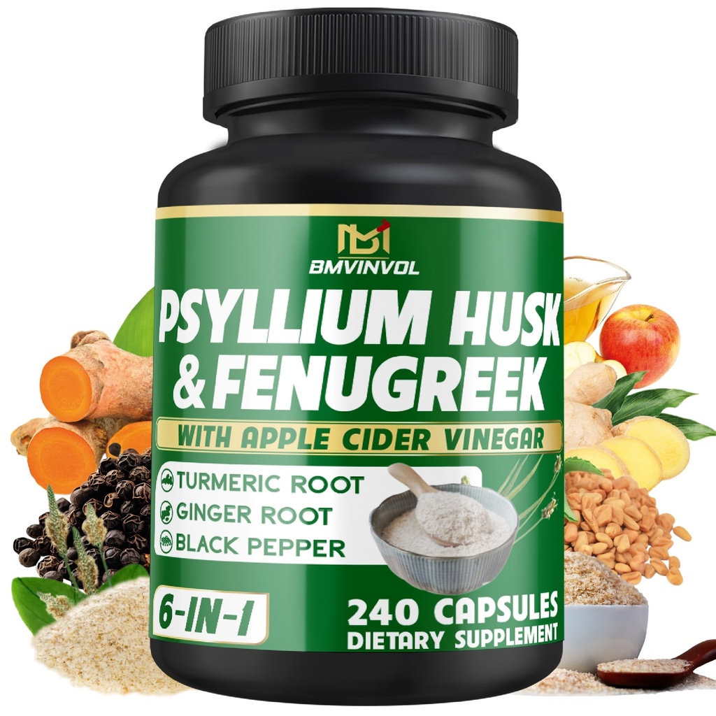 BMVINVOL Psyllium Husk Fiber Papildinājums ar Grieķu, Apple Sidra Etiķis Etiķis, Turmeric, Ingver, Black Pepper- Gremošanas Veselības Atbalsts - 240 Kapsulas