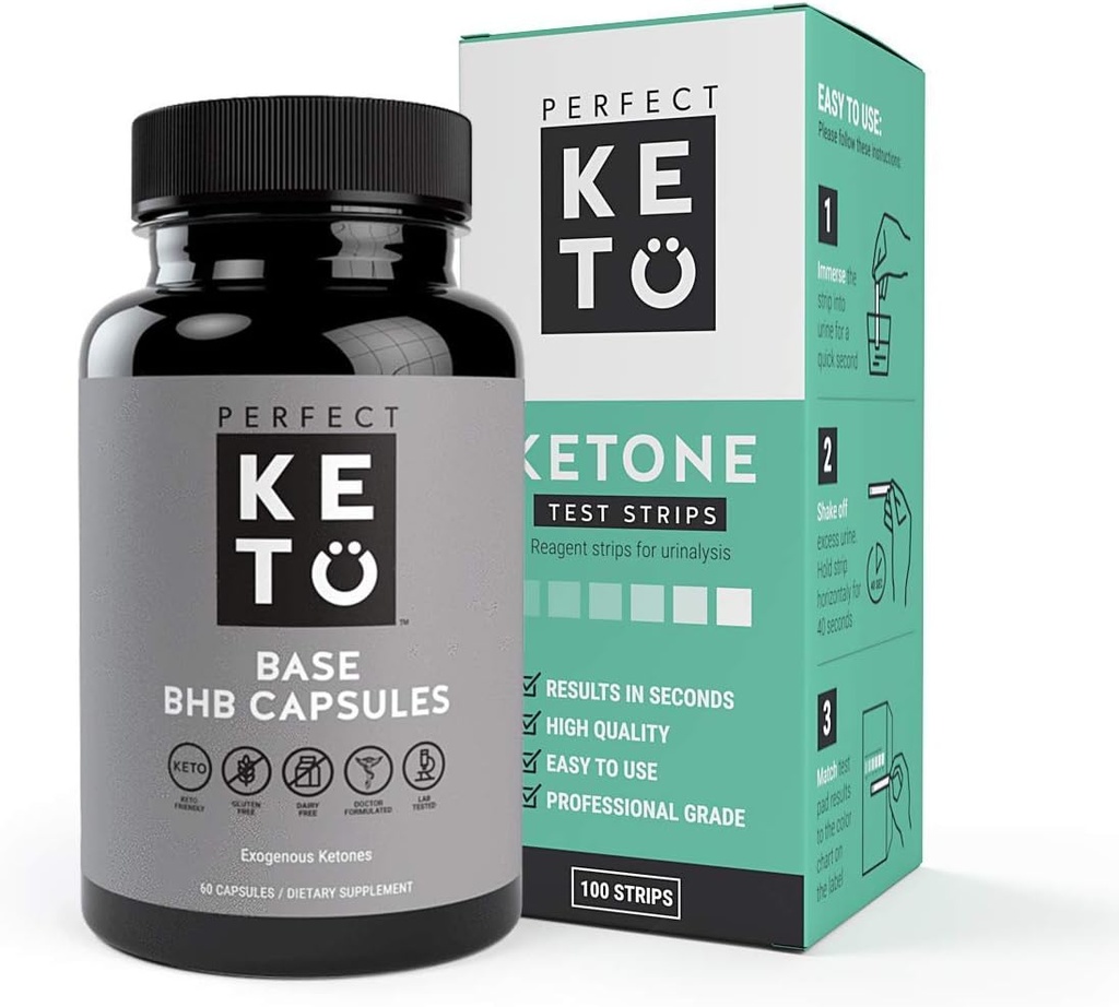 Perfekts Keto eksogēnais ketonu bāzes BHB papildinājums (60 kapsulas) - Ketogēnā uztura atbalsts Svara kontrole, enerģija un fokuss - Ketoze Beta-Hydroxybutyrate with (100 gab) Keto Strips Bandle
