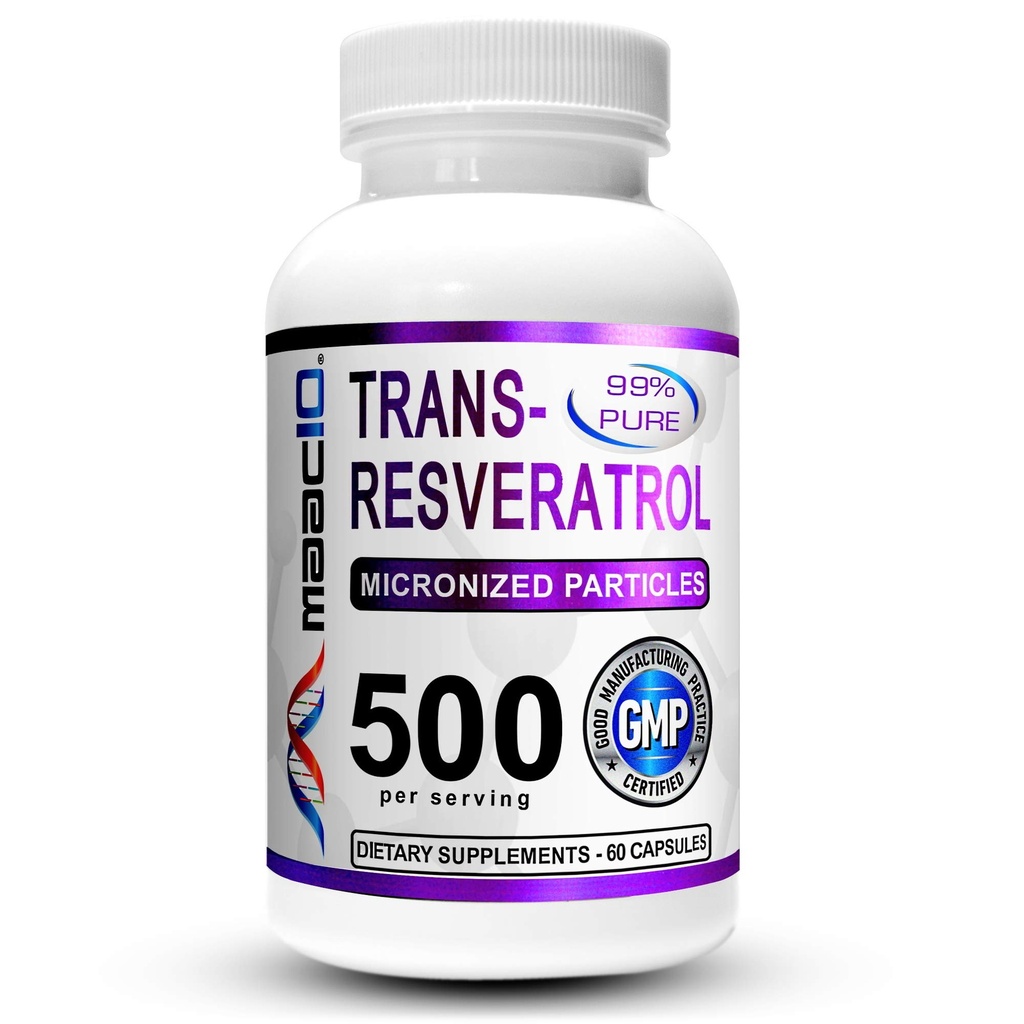 MAAC10 Trans Resveratrol 500 mg papildinājums (mikronizēta zāļu klase 99% Pure Trans-Resveratrol Extract + BioPerine Superior Absorbcijai) (2X 250 mg kapsulas 60ct)