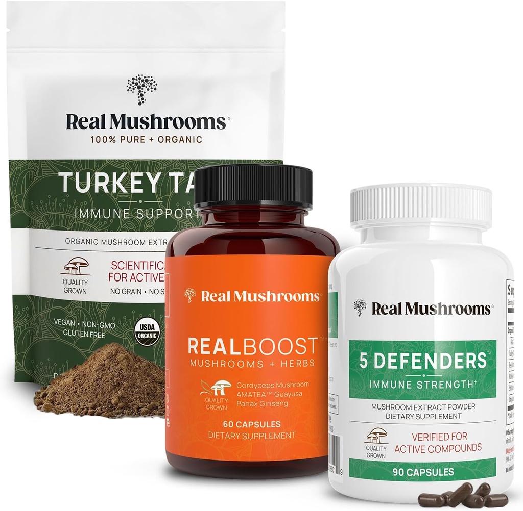 Real Sēnes RealBoost (60ct), 5 Defenders (90ct) & Turkey Astes sēņu pulveris un kapsulas Bundle - Sēņu papildinājums enerģijai, Vitalitātei un imūnstiprumam - Vegan, Non-GMO
