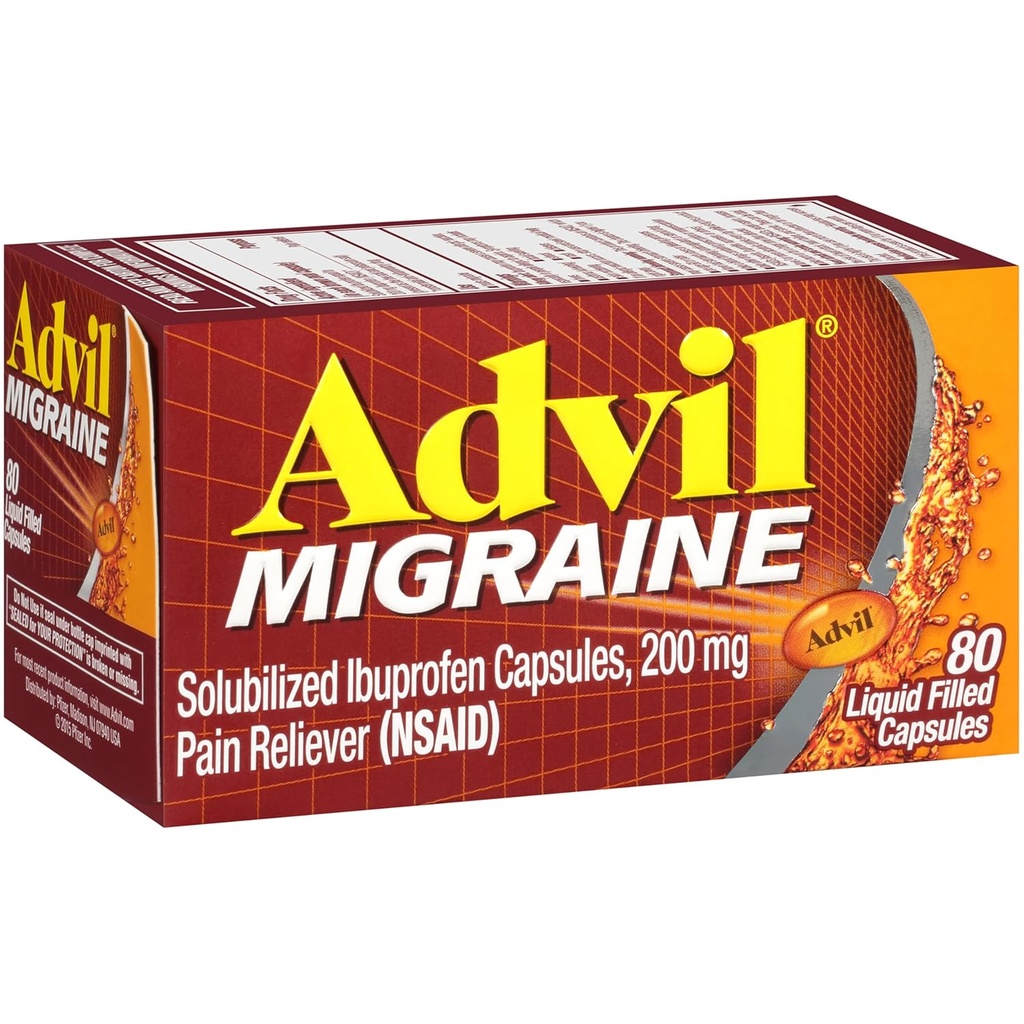 Advil Migrēna Sāpes Reliver, Solubilized Ibuprofēns 200mg, 80 Skaits, Šķidri Pildītas Kapsulas, Spēcīga Migrēna Relief