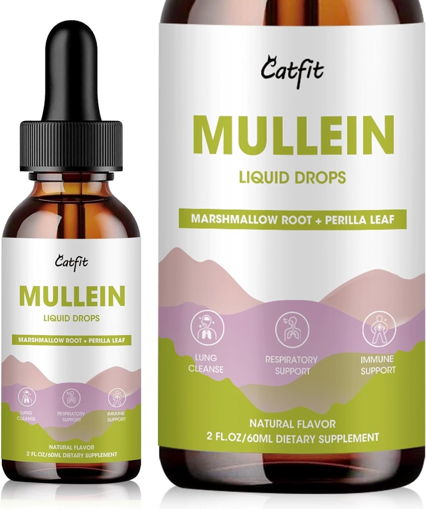 Mullein Drops for Lungs – Mullein Leaf ekstrakts ar Marshmallow saknes, Perilla & Astragalus respiratoro atbalstu, Imūnās Boost & Lung Detox, Natural Herbal Formula, Vegan, 2 fl oz