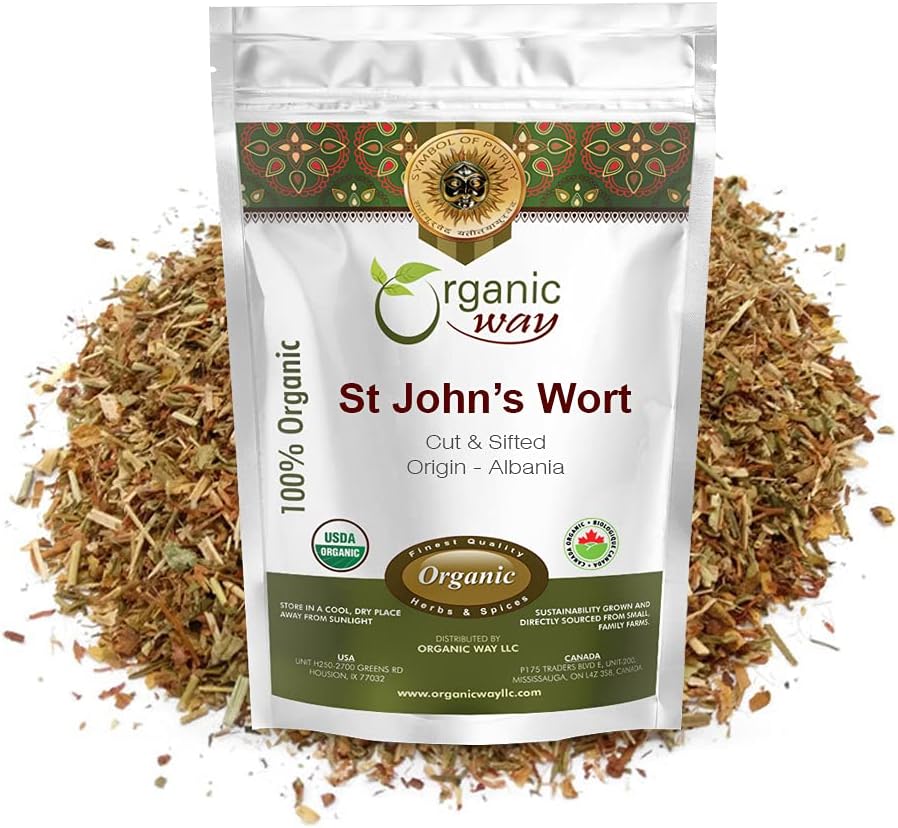 Organiskais ceļš Asinszāle Cut & Sifted (Hypericum perforatum) - Ārstniecības augu tēja - European Wild-Harvest - Organic, Kosher & USDA Sertificēts -- Vegan, Non ĢMO & Gluten brīva izcelsme - Albānija (8 Oz)