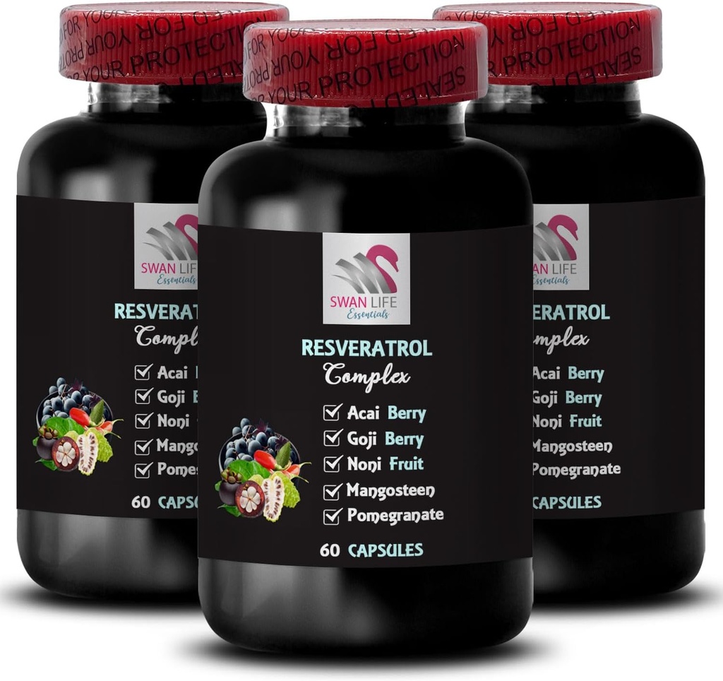 Berry Superfoods - RESVERATROL COMLEX - Acai Berry Boost, Goji Berry Shine, Plūškoka stiprums, granātābolu enerģija, vīnogu ādas jauda, hidrācijas līdzsvars, ikdienas atbalsts 3 pudeles 180 kapsulas