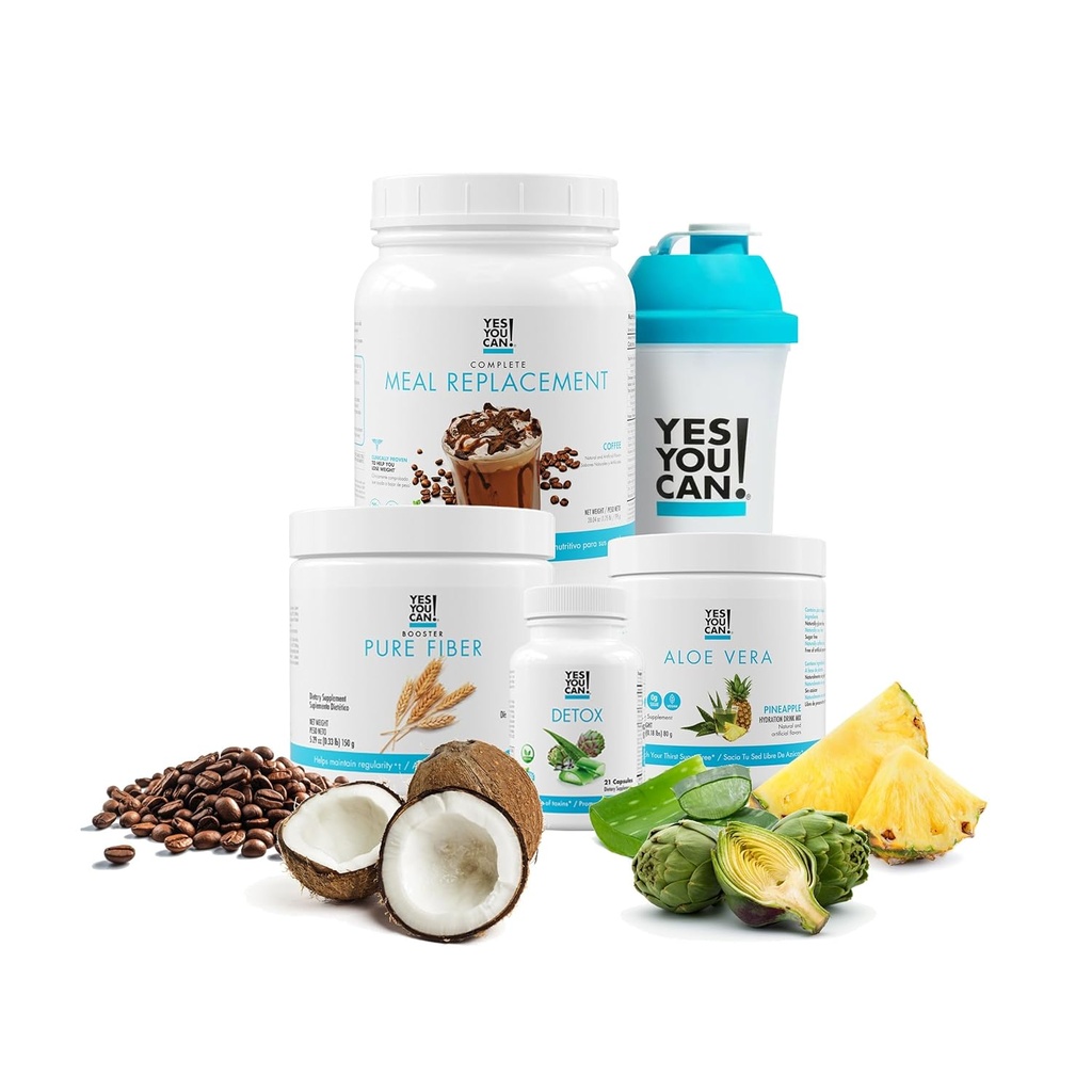 Jā Jūs varat! Detox Plus komplekts, ikdienas tīrīšana Tīra Fiber maltīte nomaiņa, dzērienu maisījums, sakratiet pastiprinātājs un papildinājums, ķermeņa tīrīšanas komplekts sievietēm, ikdienas sistēma tīrīšana - kafija, Aloe Vera Hibiscus