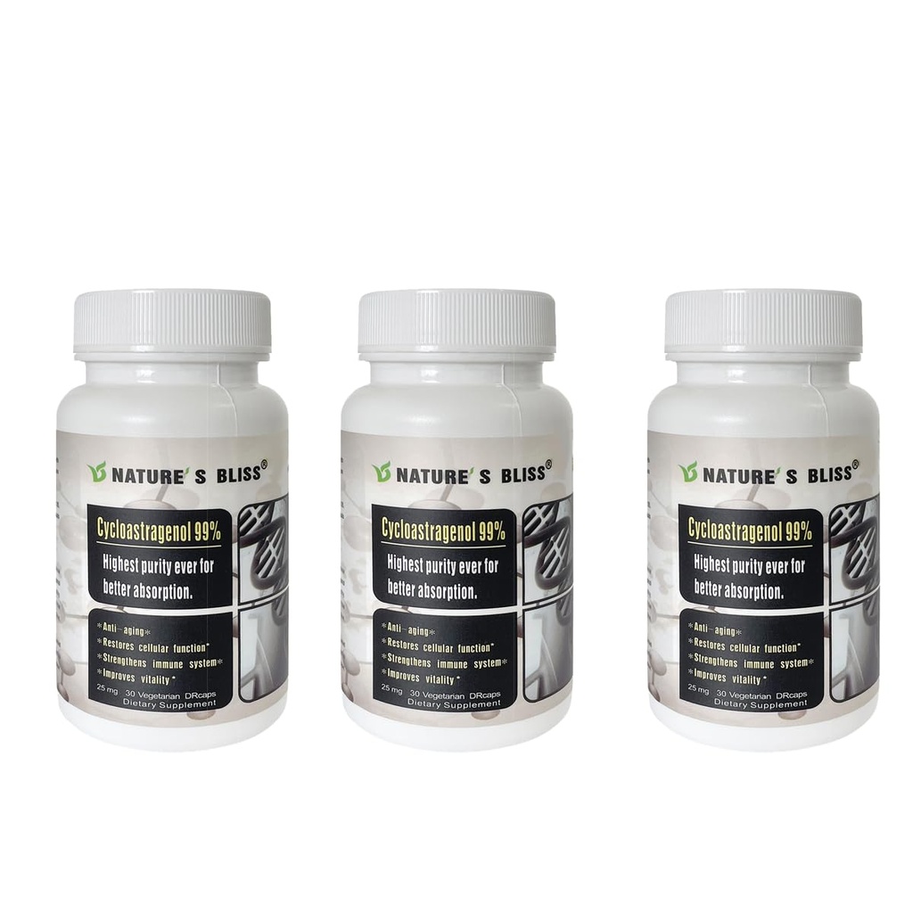 Dabas bliss Telomere papildinājumi Cikloastragenols 25mg 99%, Astragalus saknes ekstrakts, pretnovecošanās papildinājums, izgatavots ASV, Immunity Boost, kuņģa skābe aizsargāta, Super Absorbcija, 90 kapsulas
