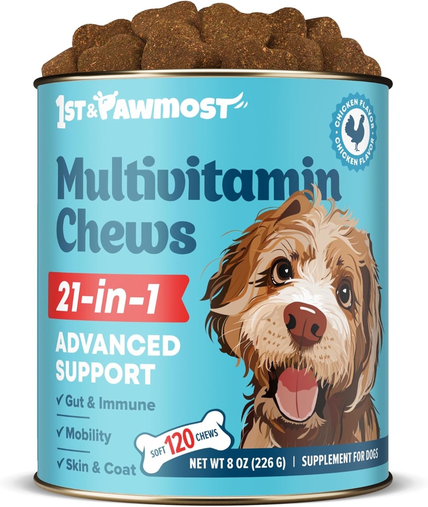 21-in-1 Suņu multivitamīni - Suņu Vitamīni un piedevas vecākiem suņiem un kucēniem - Multivitamīni suņiem ādai, pārnadžiem, sirdi, Imūnsupport - Suņu multivitamīni Košļājami kopīgam atbalstam -120 gab.