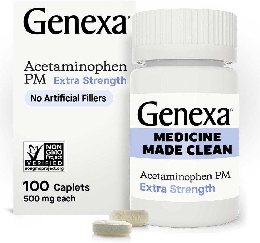 Genexa Clean Acetaminofēns PM 500mg Extra Strength, Bezkrāsas sāpes Reliver, Nakts miega līdzeklis, Drudzis Reduktors, 0% Mākslīgās piedevas, Atvieglo galvassāpes, Muguras sāpes, Maza apjoma Artrīts Sāpes, 100 tabletes