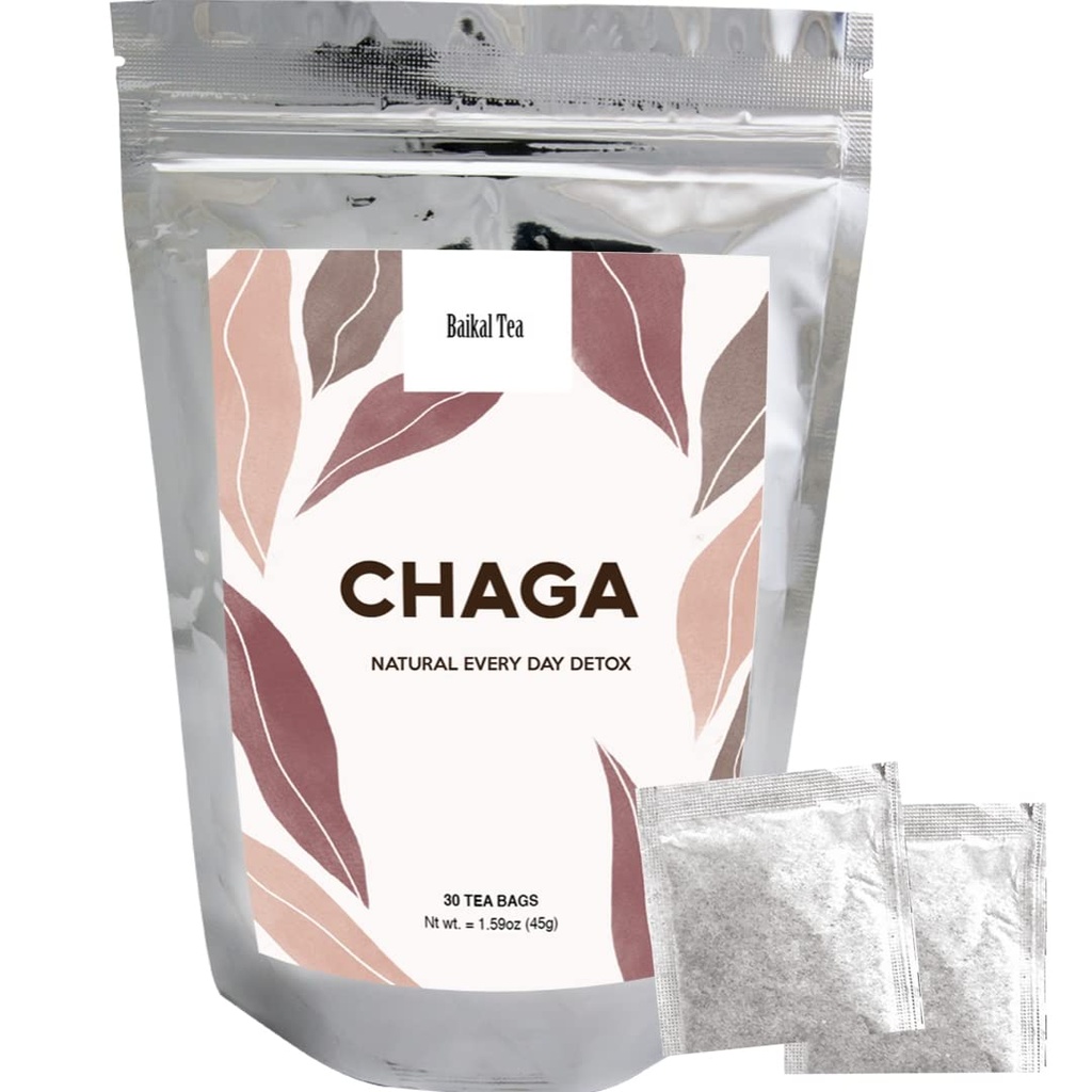 Chaga tēja - 100% Wild Siberian Birch Chaga Sēnes - Organic - 30 Nebalinātas tējas maisiņi - Tīra bez piedevām - Dabīgs Detoksikācijas un gremošanas atbalsts - Baikāla tējas ar rokām