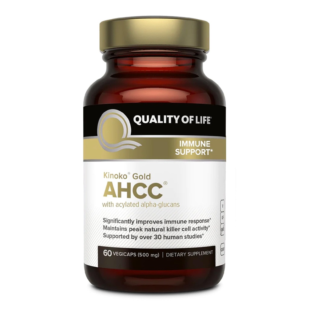 Dzīves kvalitāte Premium Kinoko zelta AHCC papildinājums, 500 mg uz kapsulām, atbalsta imūno veselību, aknu funkciju, uztur dabisko killeršūnu aktivitāti un uzlabo citokīnu ražošanu, 60 Veg kapsulas