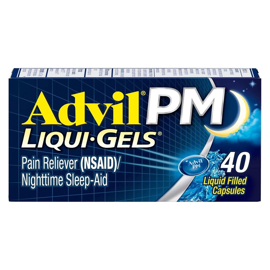 Advil PM Liqui-Gels sāpes Reliver un nakts miega palīglīdzeklis, sāpes Medicīna ar Ibuprofēnu sāpju mazināšanai un difenhidramīna HCL miega palīglīdzeklim - 40 šķidrās pildītās kapsulas - Atgriezties koledžā