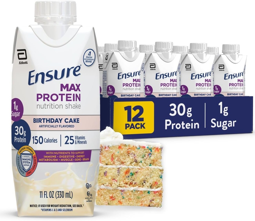 Pārliecinieties, ka maks. proteīns sakratīts; dzimšanas dienas kūka; gatavs dzeršanai; 30g Olbaltumvielas muskuļu veselībai; 1g cukura; 4g Fiber; 11 fl oz; 12 gab.