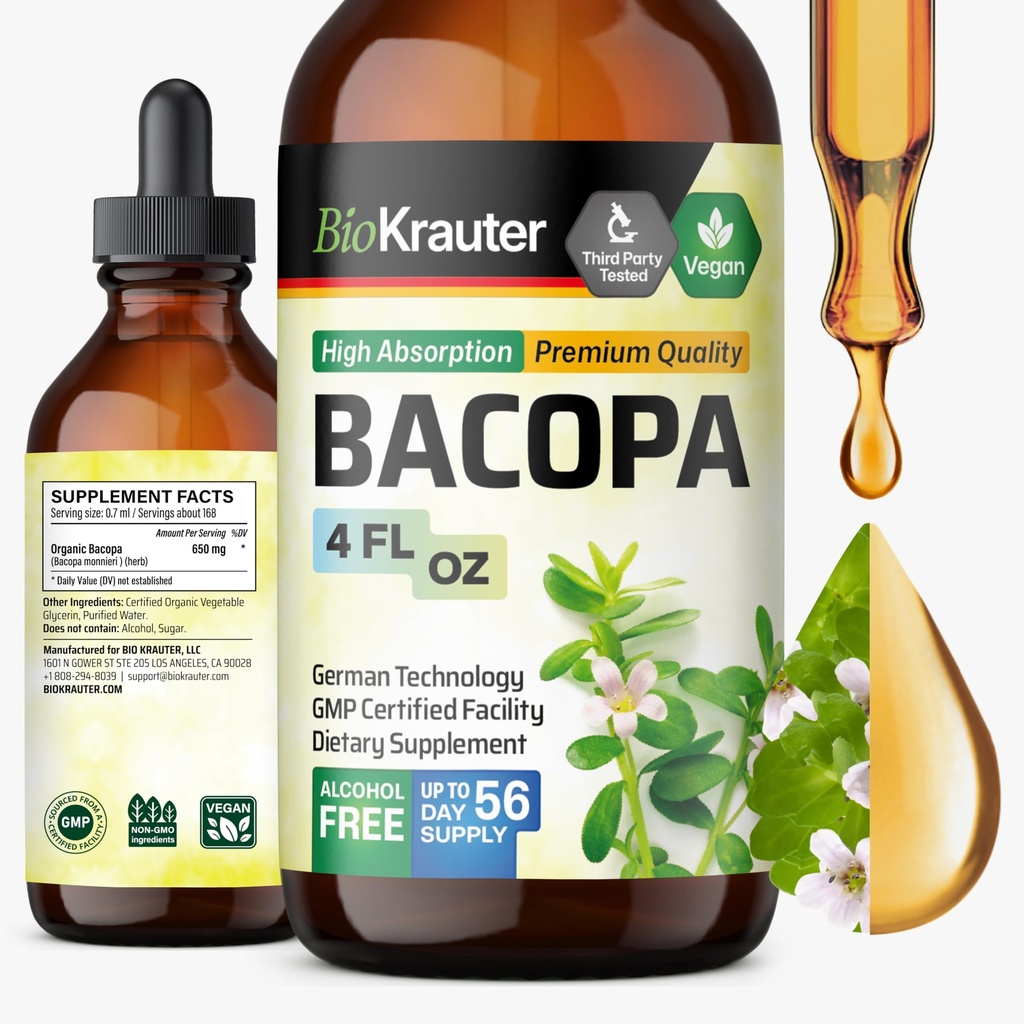 BIO KRATER Bacopa Monnieri papildinājums Šķidrs - smadzeņu atbalsts Brahmi - Alkohols un cukurs Bez šķidruma Bacopa Herb pilieni 4 Fl.Oz.