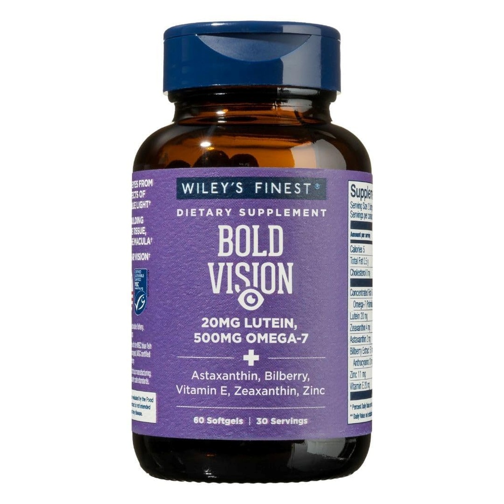 Wiley's Finest Wild Aļaskas zivju eļļa Bold Vision - Zivju eļļa Acu veselības papildinājums ar luteīnu, Zeaxanthin, Melleņu, Omega-7, E vitamīns un Cinks - 60 Softgels (30 Servē)