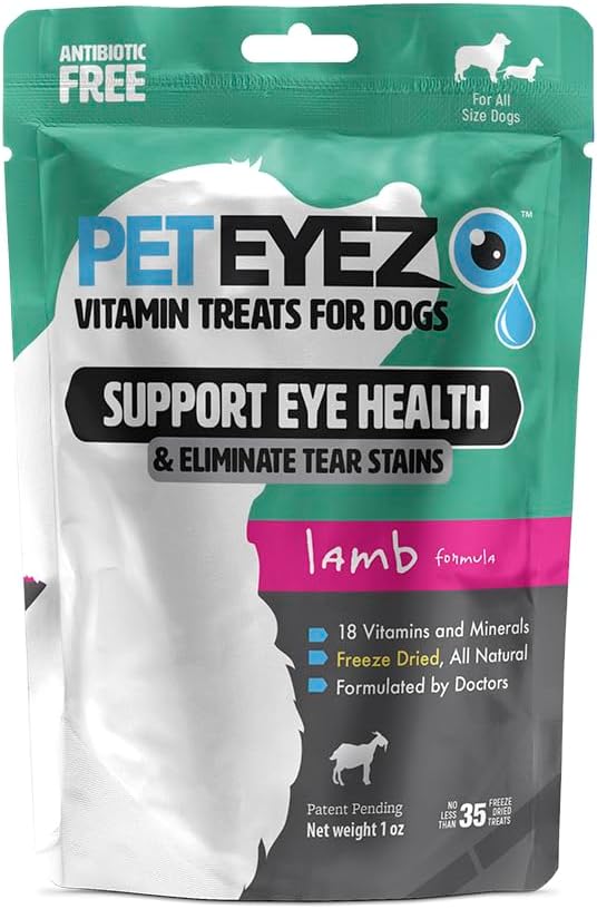 PetEyez Tear Stain Remoper Vitamīnus suņiem - Atbalsts Acu veselība & Samazināt nieze & Tear Stain Buildup - 100% Natural Dog Treats with Superfoods, Antioksidanti & Nutrients - Lamb Flavor - 1oz