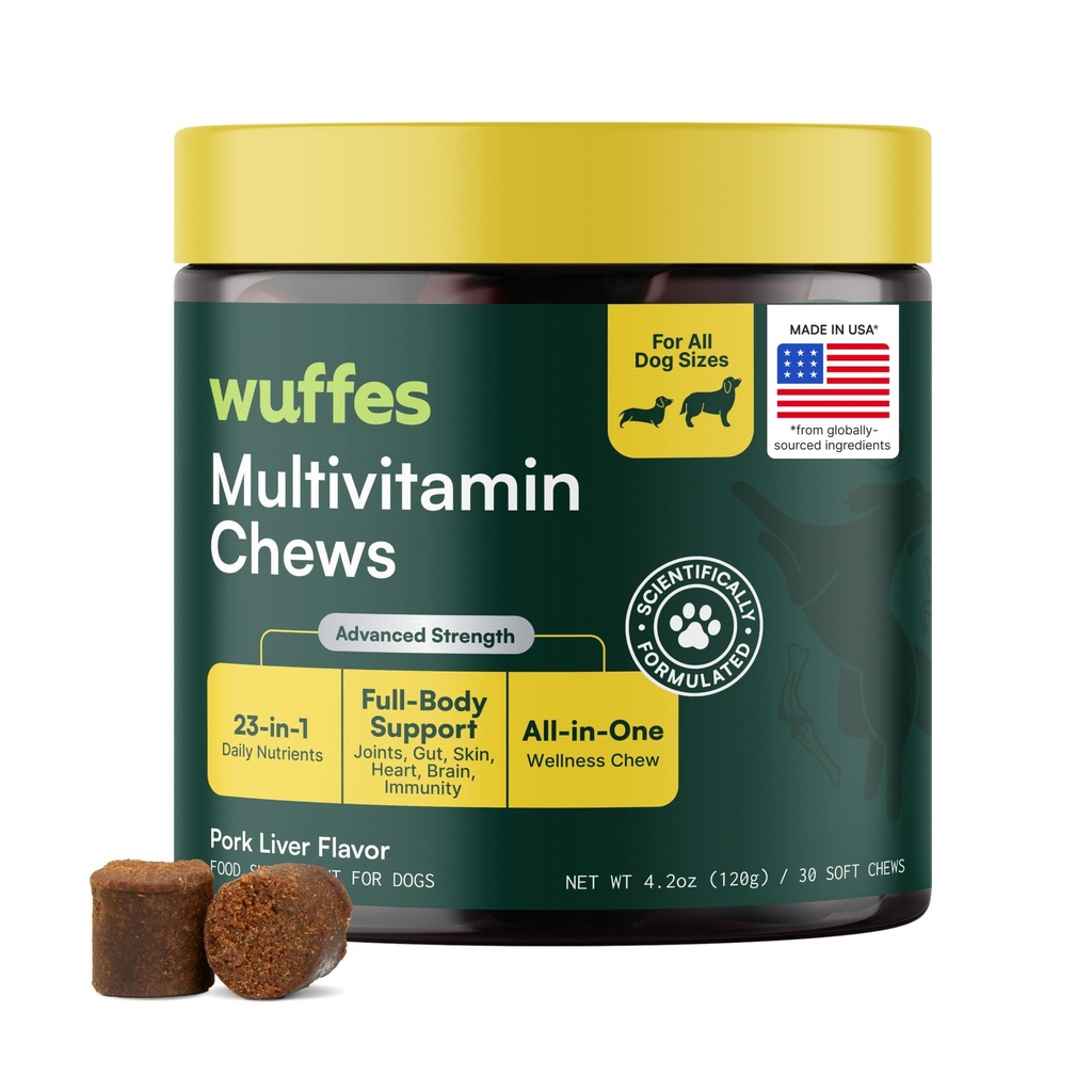 Vuffes 23-in-1 suņiem Multivitamīnu papildinājums Hip & Locītavu, ādas un ādas un imūnās sistēmas atbalsts ar Omega 3, dzelzs, cinks, C vitamīns - Minerāli un vitamīni vecākiem suņiem un kucēniem - 30 Soft Chews