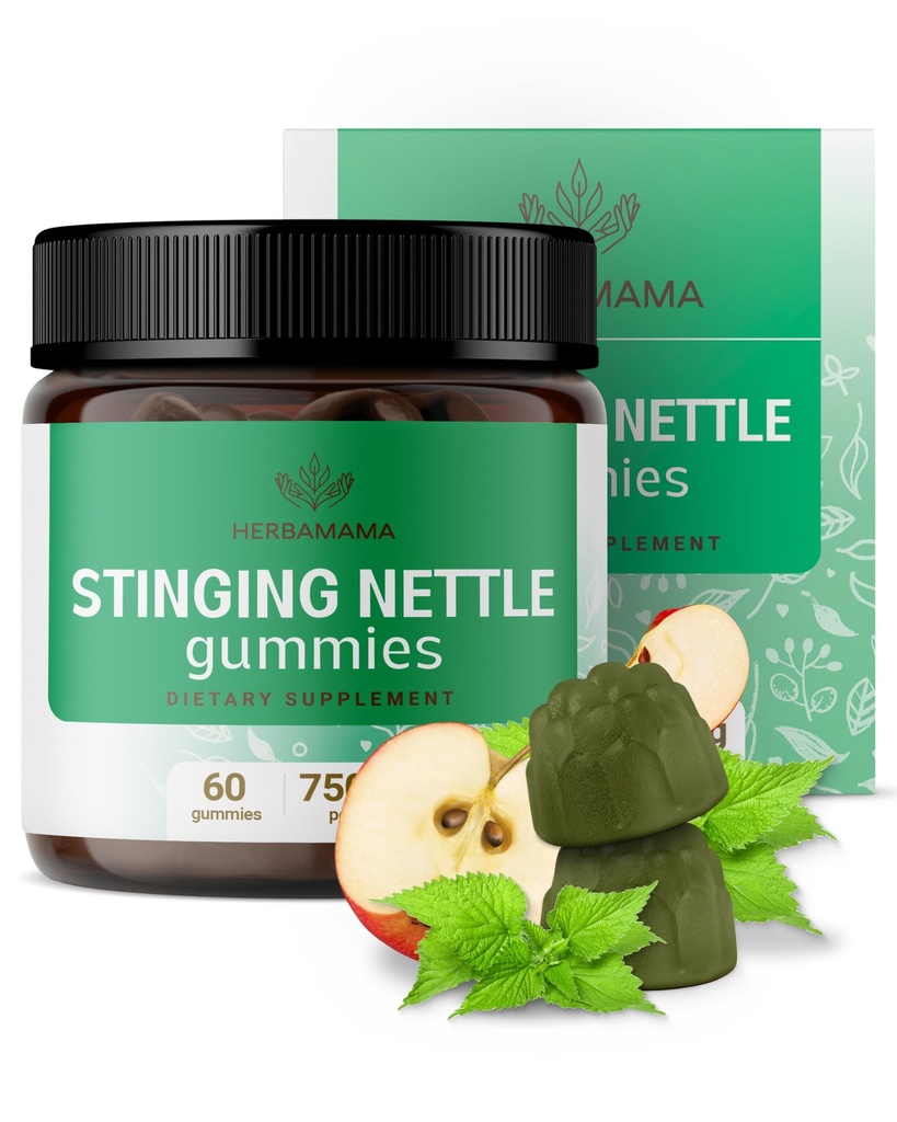 HERBAMA Stinging Nettle Gumies - 7500mg Stinging Nettle Saknes ekstrakts urīna bukses atbalsts sievietēm un vīriešiem - Vegan, Non-GMO Urtica Dioica Papildinājums - 60 Pektīnu bāzes Apple-Flavored Chews