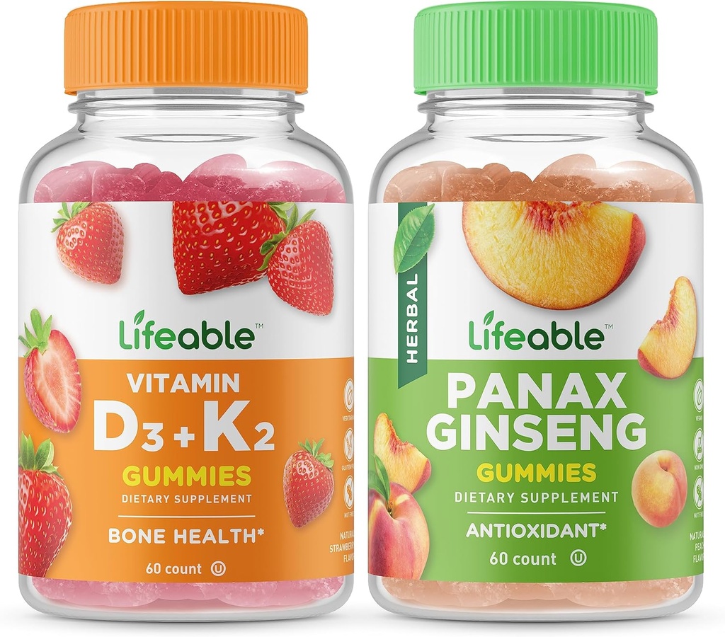 Dzīvotspējīgs vitamīns D3 + vitamīns K2 + Panax Ginseng, Gumijas Bundle - Great Tasting, Vitamīnu Papildinājums, bez lipekļa, bez ĢMO, bez košļājamām gumija