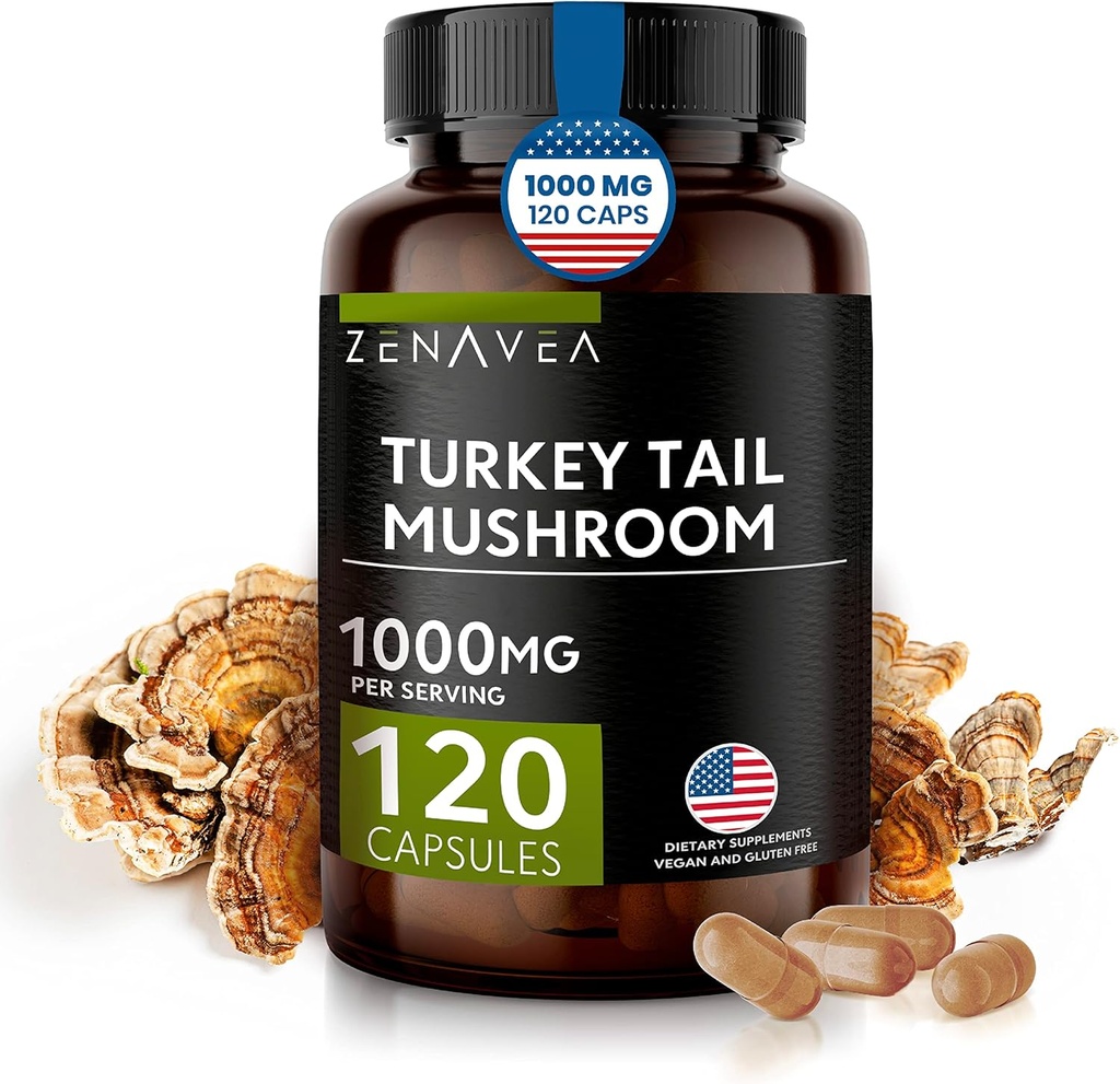 Turcija astes sēņu kapsulas Imūnsistēmas atbalsts, antioksidants un gremošanas īpašības - Sēņu papildinājums 1000mg - 120 Kapsulas - Ekvivalents 15,000 mg organiskās Turcijas astes