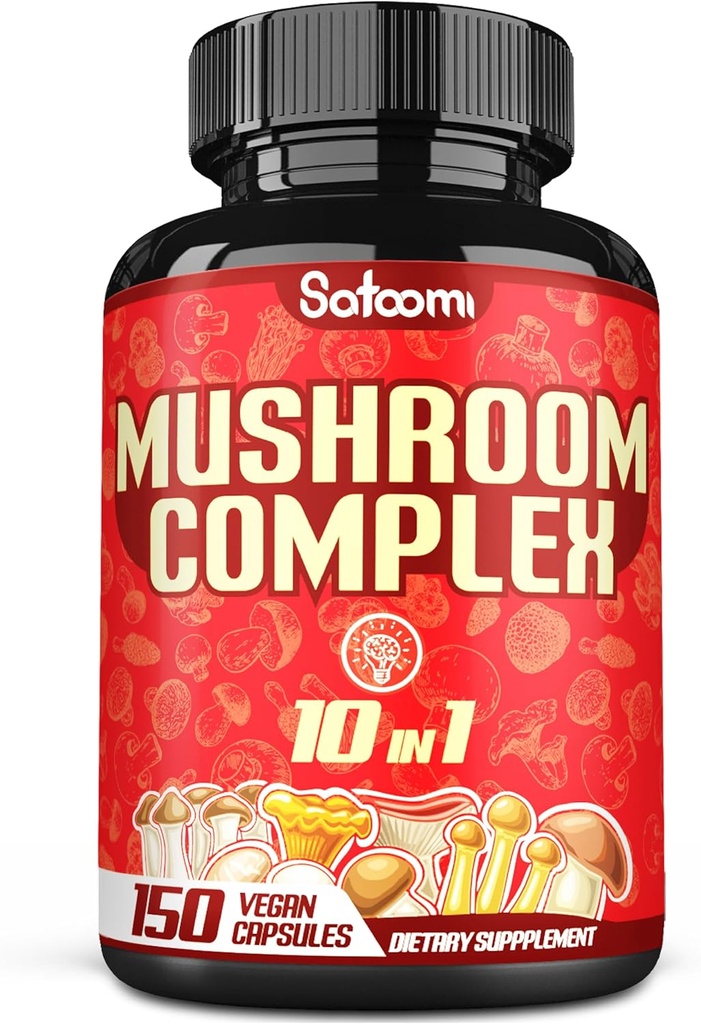 Satoomi 10in1 Sēņu kompleksa papildinājumi - 5 mēnešu piedāvājums - Blended with Lions Mane, Cordyceps, Reishi, Chaga, Maitake, Shitake & Citi - Brain Support - 150 kapsulas