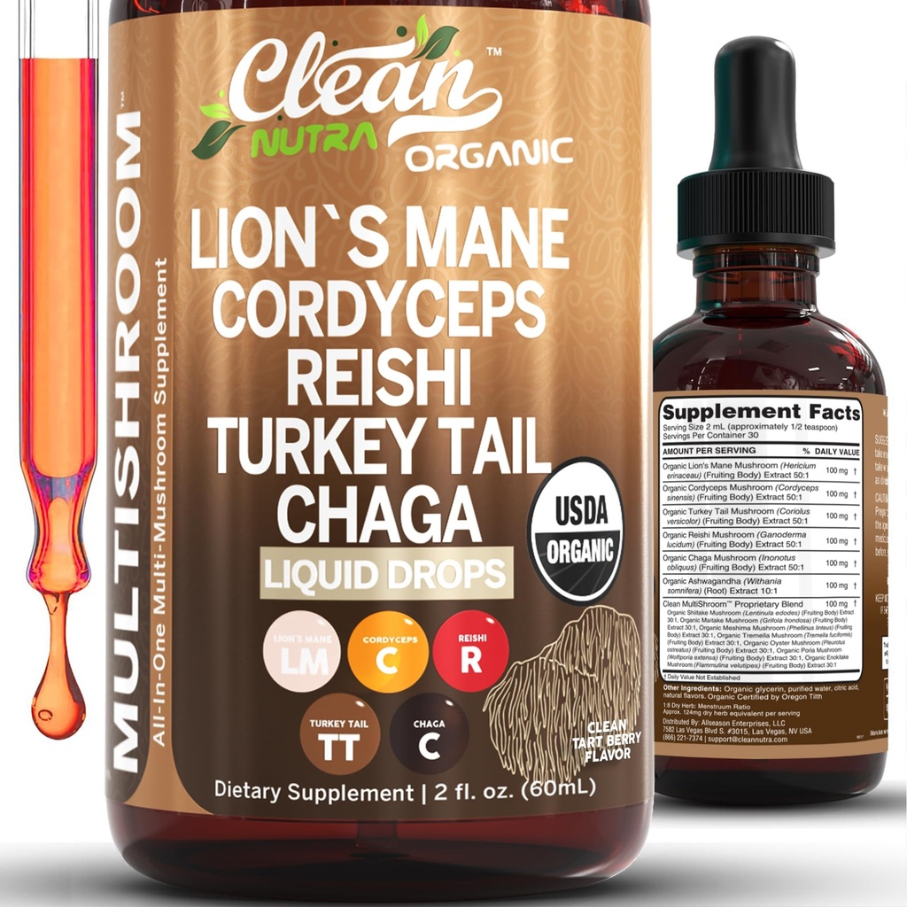 Organic Lions Mane sēņu papildinājums Šķidrie pilieni + Turcija Taile Cordyceps Reishi Chaga Šitake Maitake Tremella Oyster Sēnes Poria un Enokitake Complex Blend by Clean Nutra
