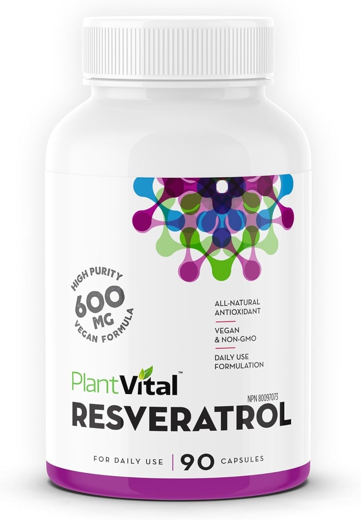 Plantvital Resveratrol 600mg - 90 Vegan Resveratrol Kapsulas - Augstas tīrības Trans Resveratrol Papildinājums - Antioksidants - Bez GMO, bez lipekļa