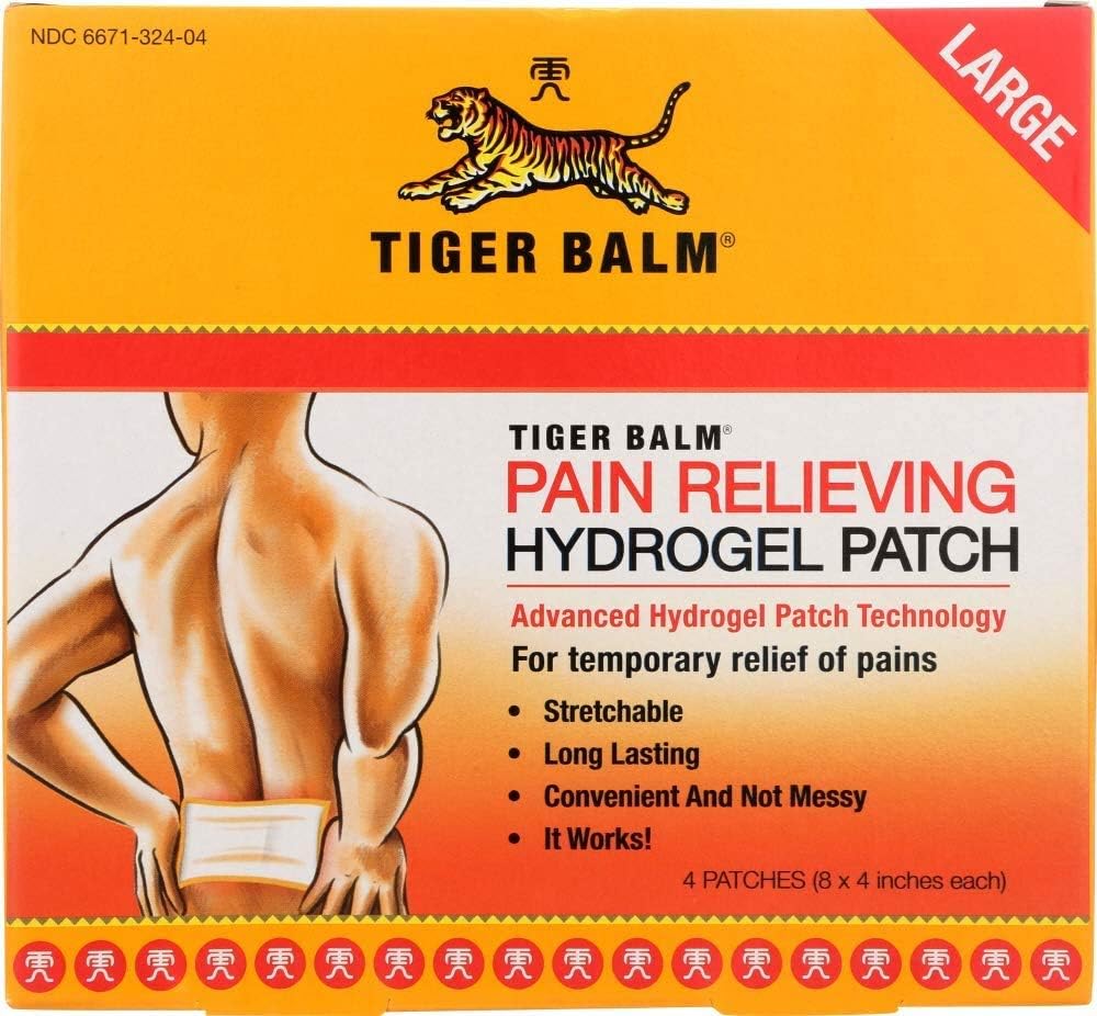 Tīģeris Balm sāpes relieving liels patch, 4" x 8", 4 / iepakojums – sāpes relieving patch – pagaidu atvieglojums nelielas sāpes muskuļu un locītavu – Formulēts ar mentolu, Camphor, un Capsicum – ātri darbojas