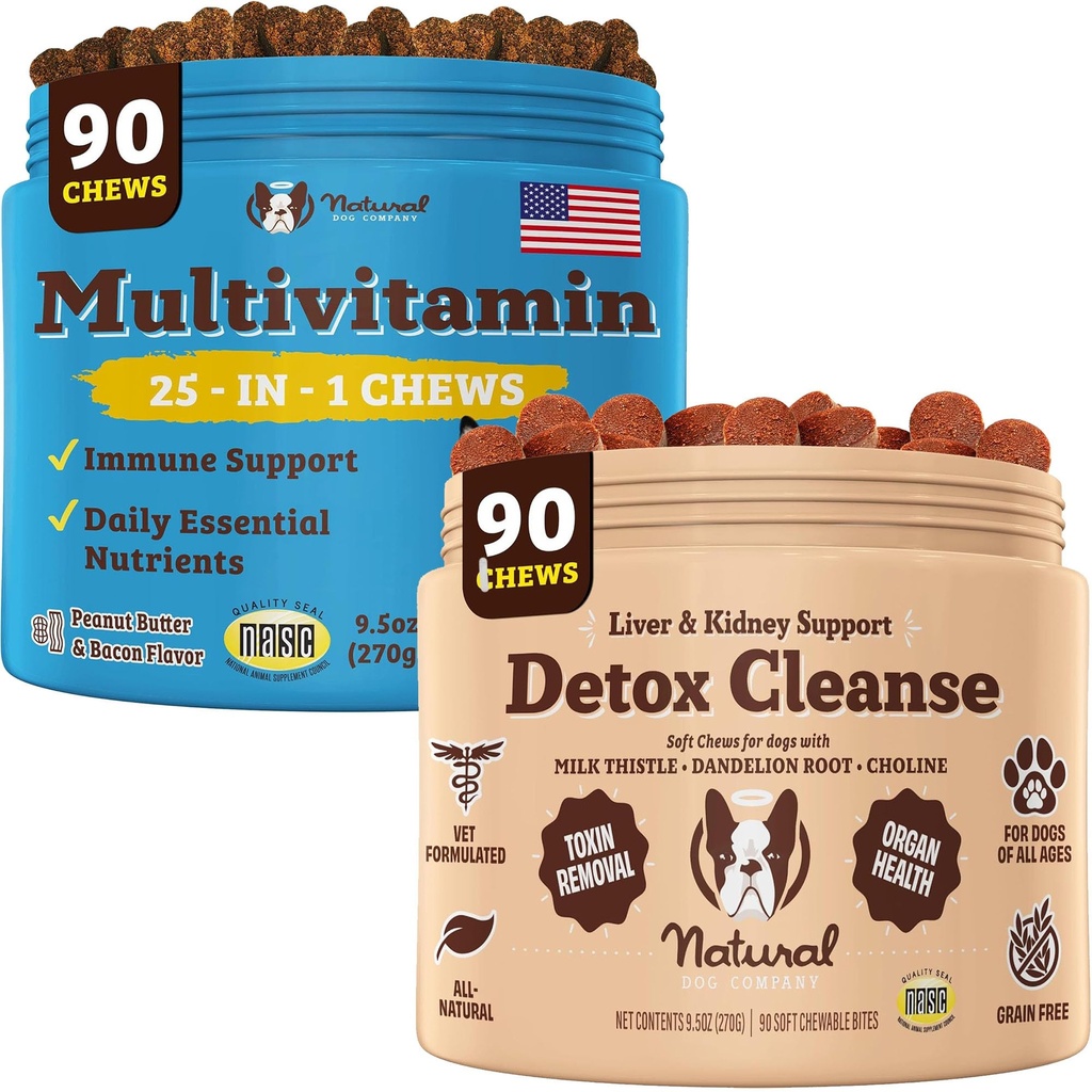 Natural Dog Company Multivitamīnu, aknu un nieru košļājamās rotaļlietas Bundle - visaptverošs veselības atbalsts senioriem suņiem, veicina detoksikāciju, uzlabotu gremošanas, radiantu ādu un apvalku, viegli pārvaldīt
